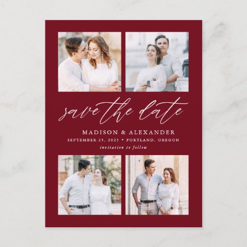 Burgundy Elegant Script 4 Photo Save The Date Announcement Postcard