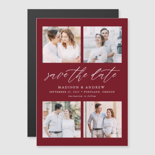 Burgundy Elegant Script 4 Photo Save The Date Magnetic Invitation