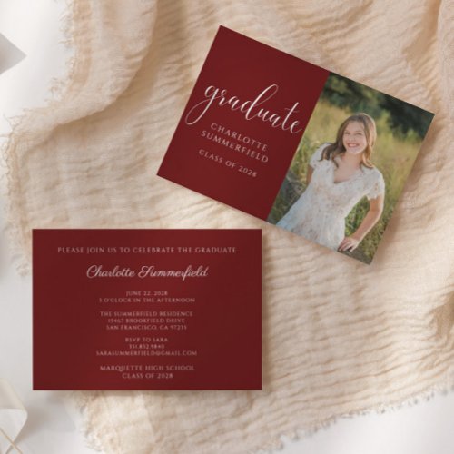 Burgundy Elegant Script Graduation Photo Invitation