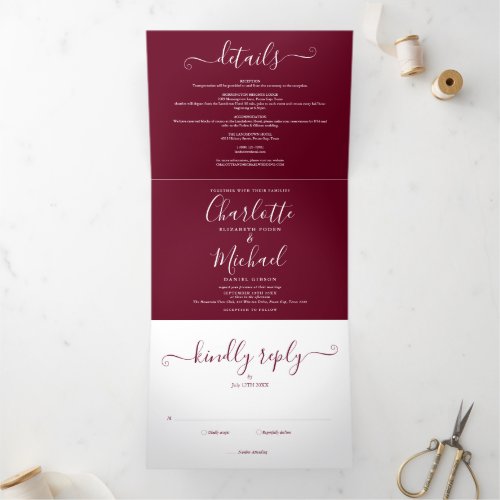 Burgundy Elegant Script Minimalist Photo Wedding Tri_Fold Invitation