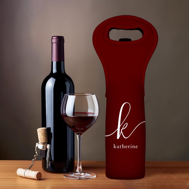 Burgundy Elegant Script Monogram  Wine Bag (Creator Uploaded)