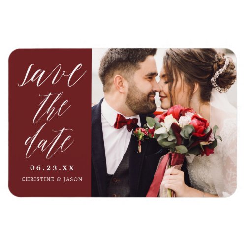 Burgundy Elegant Script Photo Save the Date Magnet