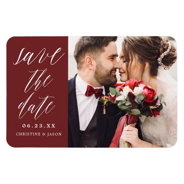 Burgundy Elegant Script Photo Save the Date Magnet (Horizontal)