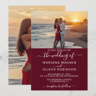 Burgundy Elegant Script Photo Wedding Invitation