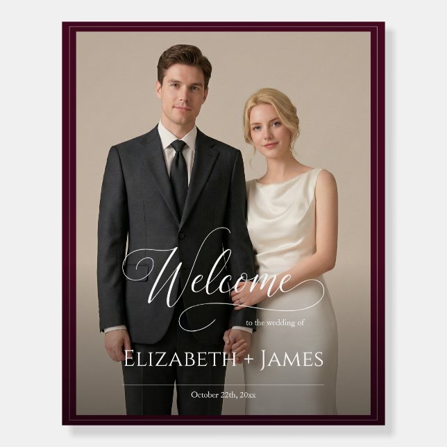 Burgundy Elegant Script Photo Wedding Welcome Foam Board (Front)