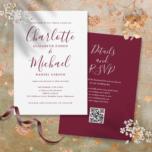 Burgundy Elegant Script QR Code Wedding Invitation