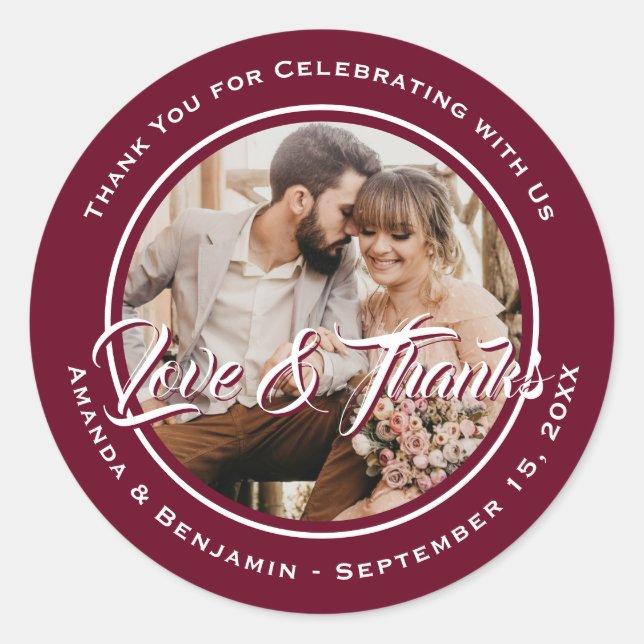 Burgundy Elegant Script Wedding Photo Favor Classic Round Sticker (Front)
