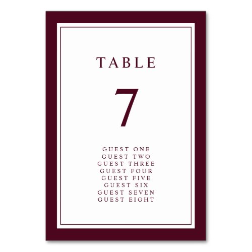 Burgundy Elegant Simple Minimal Border Wedding Table Number