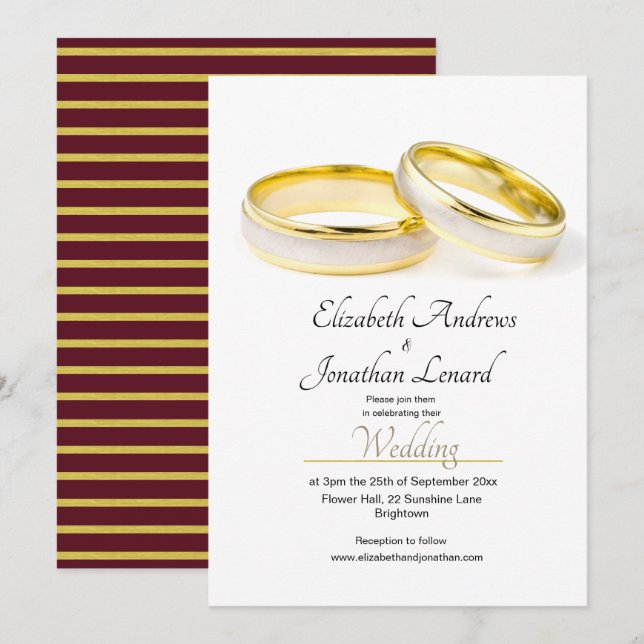 Burgundy Elegant Simple Rings Wedding Invitation (Front/Back)