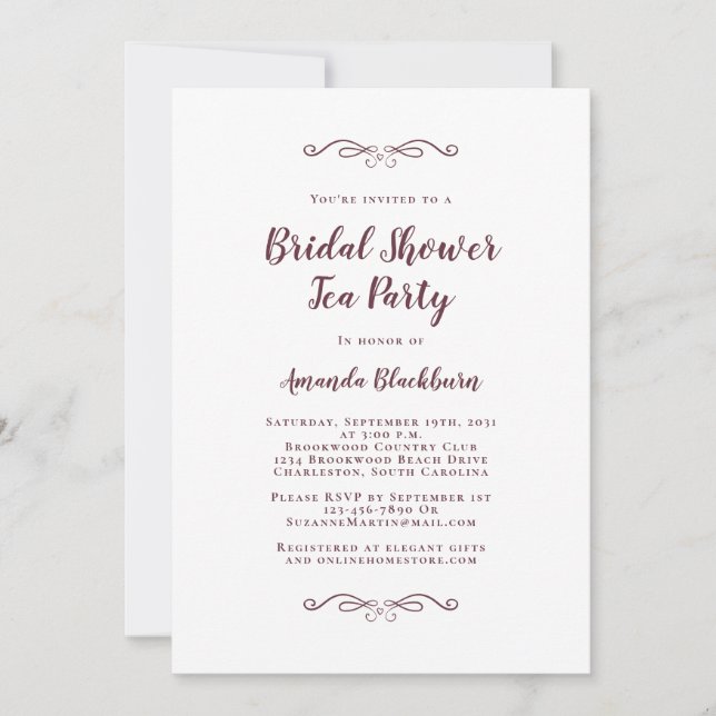Burgundy Elegant Tea Weddings Bridal Shower Modern Invitation (Front)
