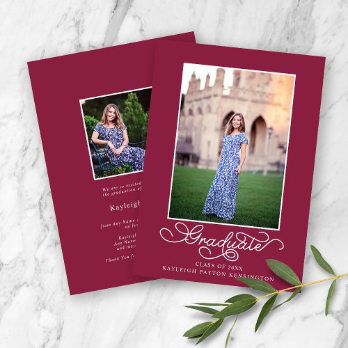 Burgundy Elegant Typography Graduation Photo  Announcement