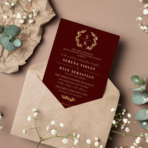 Burgundy Elegant Typography Laurel Wreath Monogram Foil Invitation