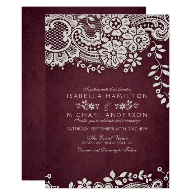 Burgundy Elegant Vintage Lace Rustic Wedding Invitation
