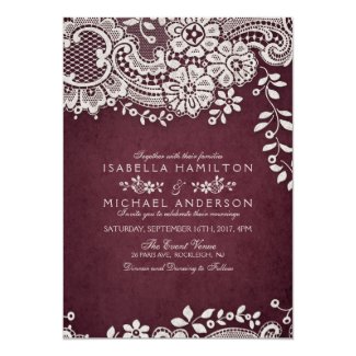 Rustic Burgundy Wedding Invitations with Vintage Floral Lace