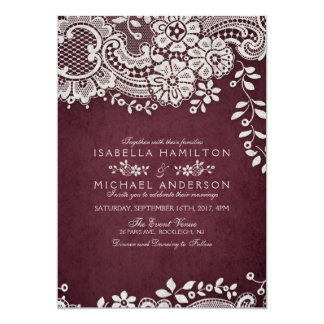 Burgundy elegant vintage lace rustic wedding invitation