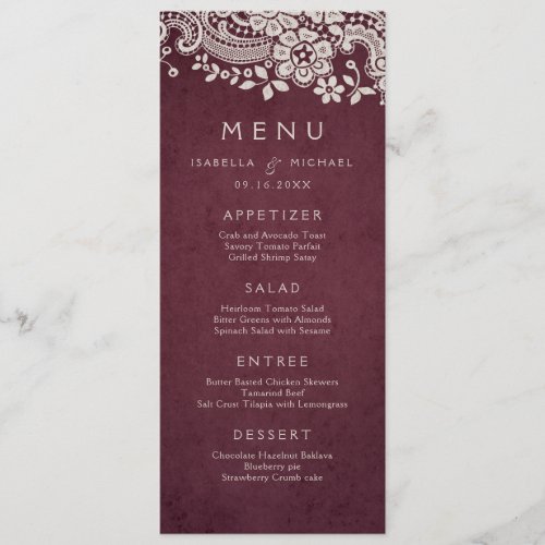 Burgundy elegant vintage lace rustic wedding menu