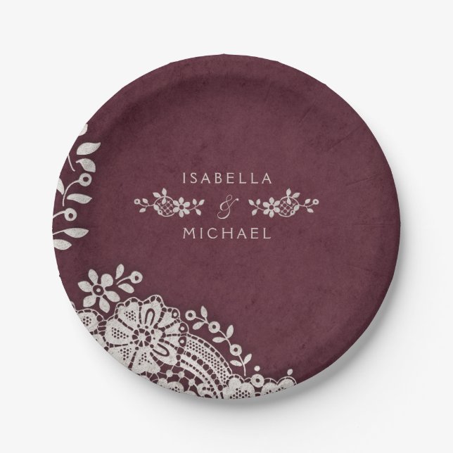 Burgundy elegant vintage lace rustic wedding paper plates (Front)