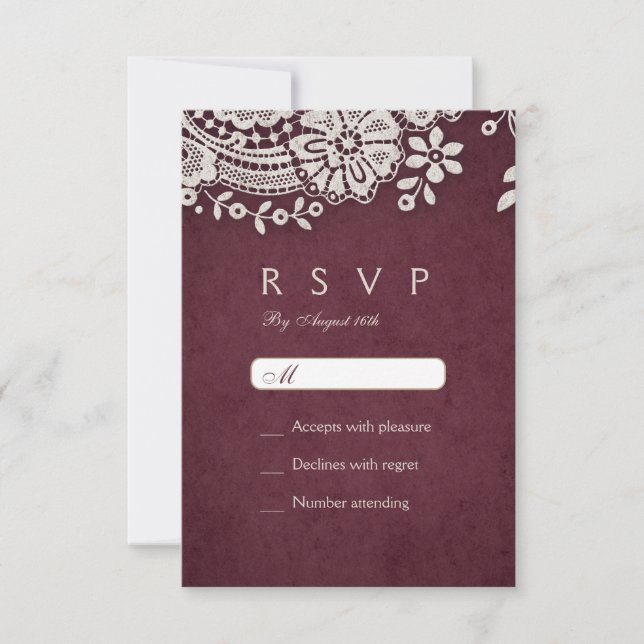 Burgundy elegant vintage lace rustic wedding RSVP (Front)
