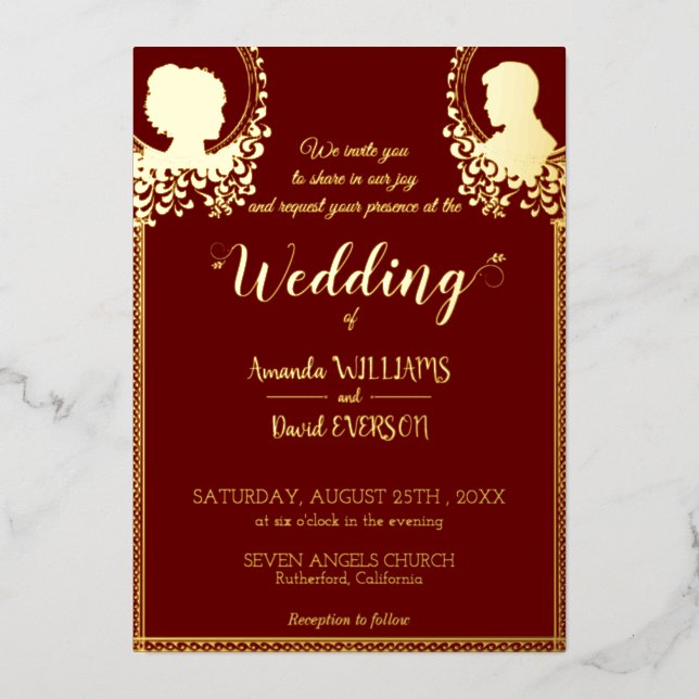 Burgundy -Elegant  Wedding- with Real Golden  Foil Invitation (Front)