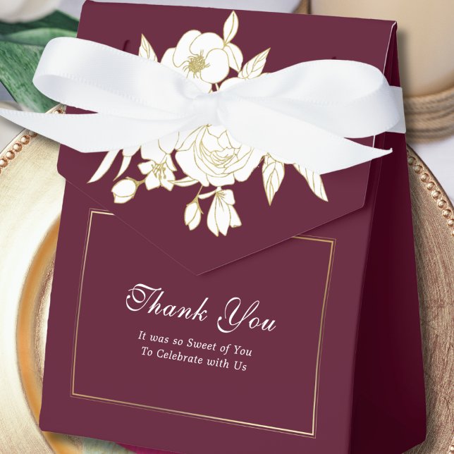 Burgundy Elegant White Gold Floral Script Wedding Favor Boxes (Creator Uploaded)