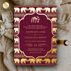 Burgundy Elephant Indian Photo Wedding Gold Foil Invitation