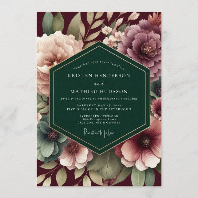Burgundy Emerald Baroque Wedding Invitation (Front)