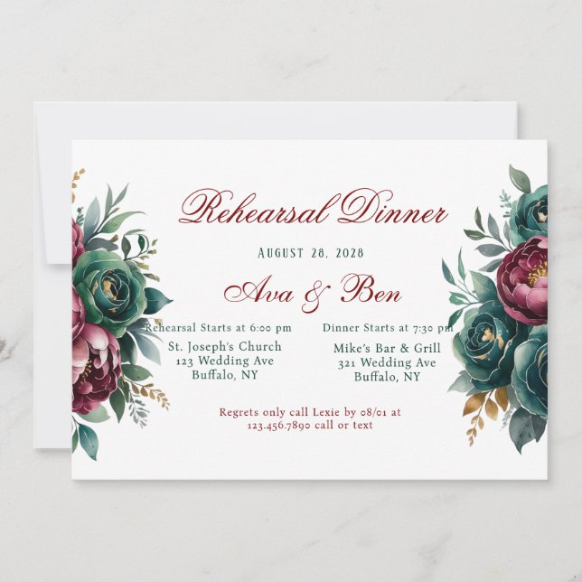 Burgundy Emerald Green Gold Peony Rehearsal Dinner Invitation (Front)