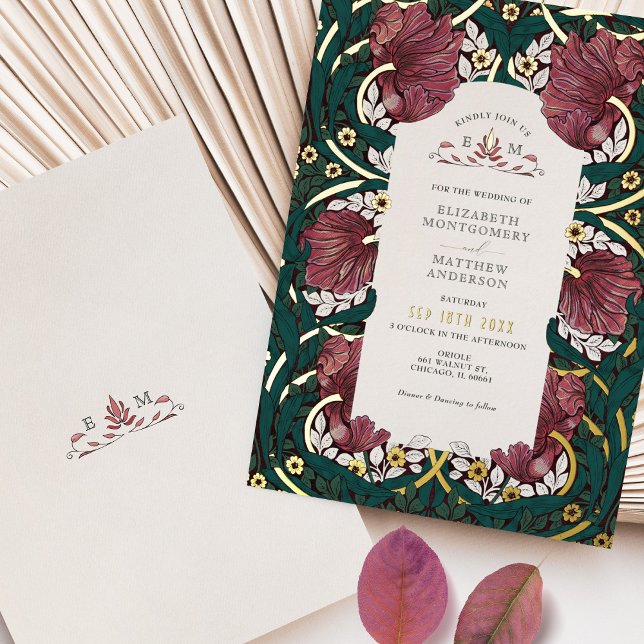 Burgundy Emerald Green Pimpernel Morris Foil Invitation (Creator Uploaded)