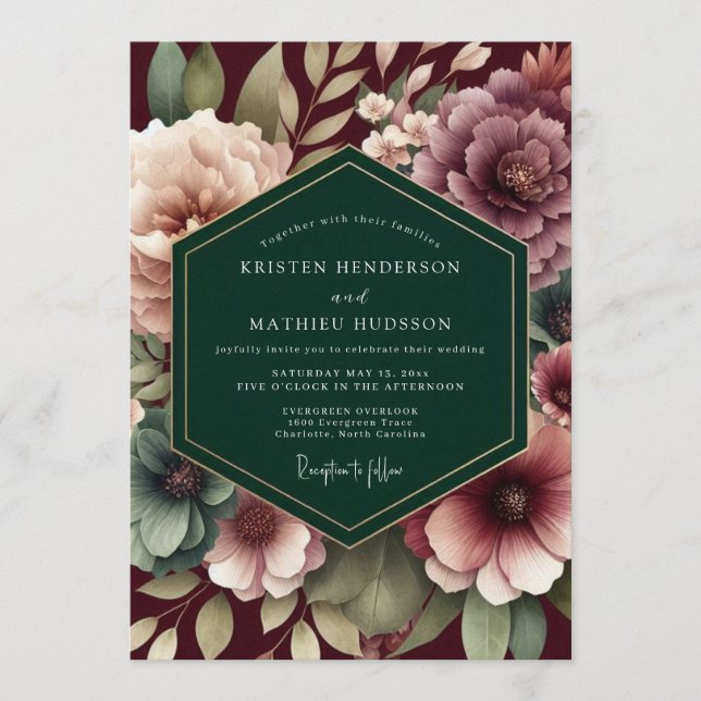 Burgundy & Emerald Moody Floral Wedding Invitation (Front)