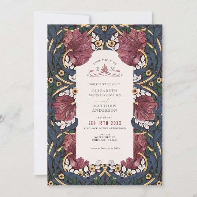 Burgundy Emerald Navy Blue Pimpernel Morris Invitation (Front)