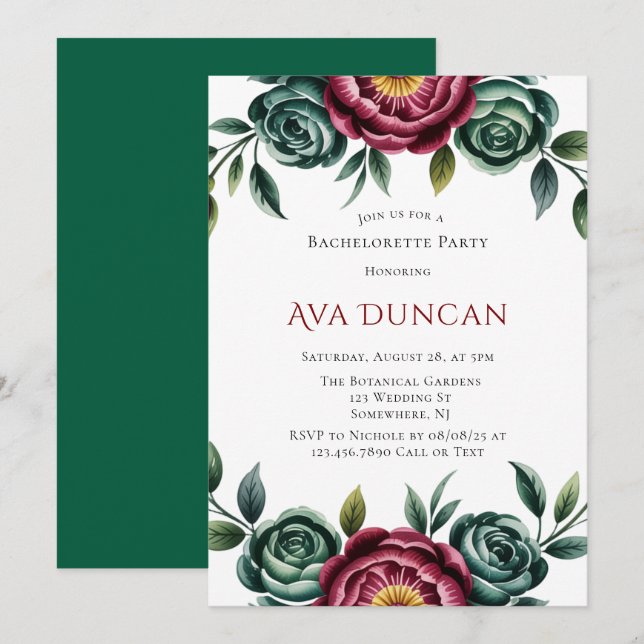 Burgundy & Emerald Peony Winter Bachelorette Party Invitation (Front/Back)