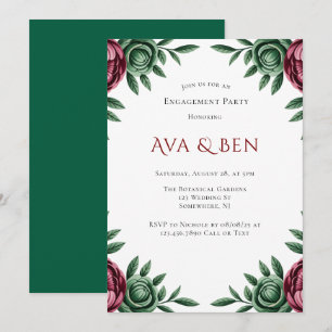 Burgundy & Emerald Peony Winter Engagement Party Invitation