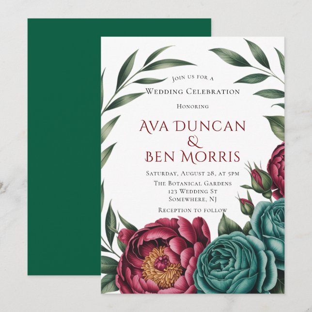 Burgundy & Emerald Peony Winter Wedding Invitation (Front/Back)