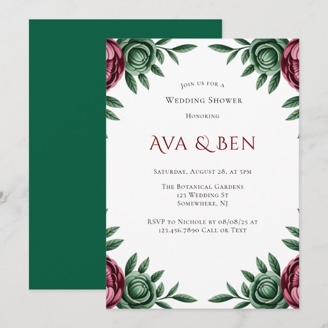 Burgundy & Emerald Peony Winter Wedding Shower Invitation (Front/Back)