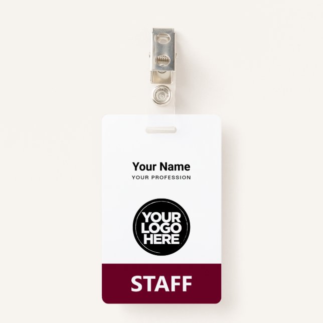 Burgundy Employee Name Business Logo Staff Tag Badge (Front with Clip)