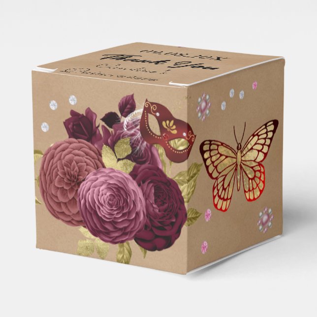 Burgundy English Roses Chic Quinceañera Masquerade Favor Boxes (Front Side)