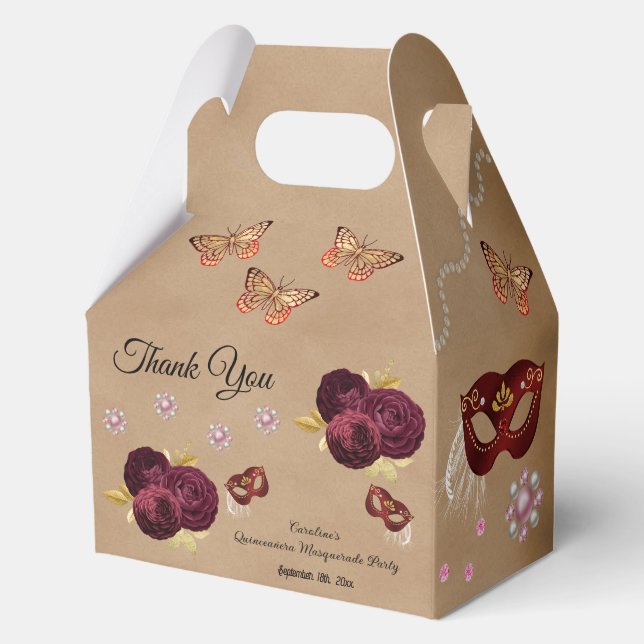 Burgundy English Roses, Quinceañera Masquerade  Favor Boxes (Front)