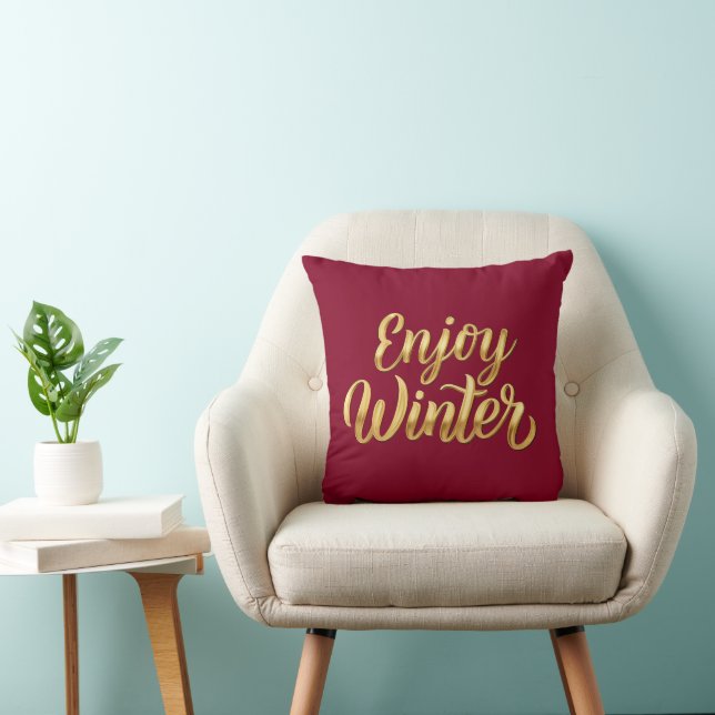 Burgundy Enjoy Winter - Gold Script Holiday Decor Throw Pillow (Chair)
