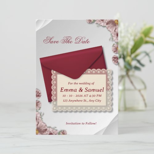 Burgundy Envelope& White Lace Floral Save the Date Announcement