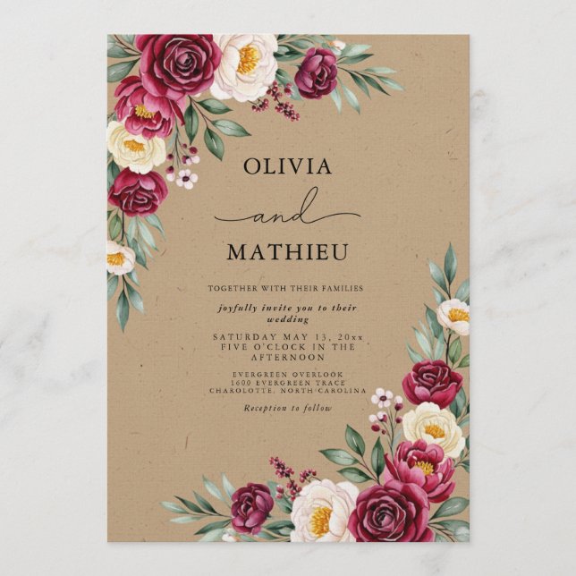 Burgundy Ethereal Flora Wedding Invitation (Front)