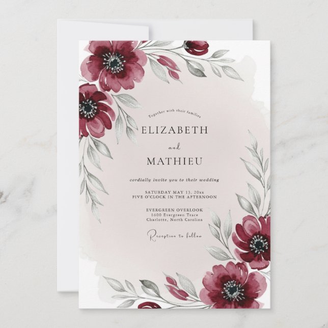 Burgundy Ethereal Winter Wedding Invitation (Front)