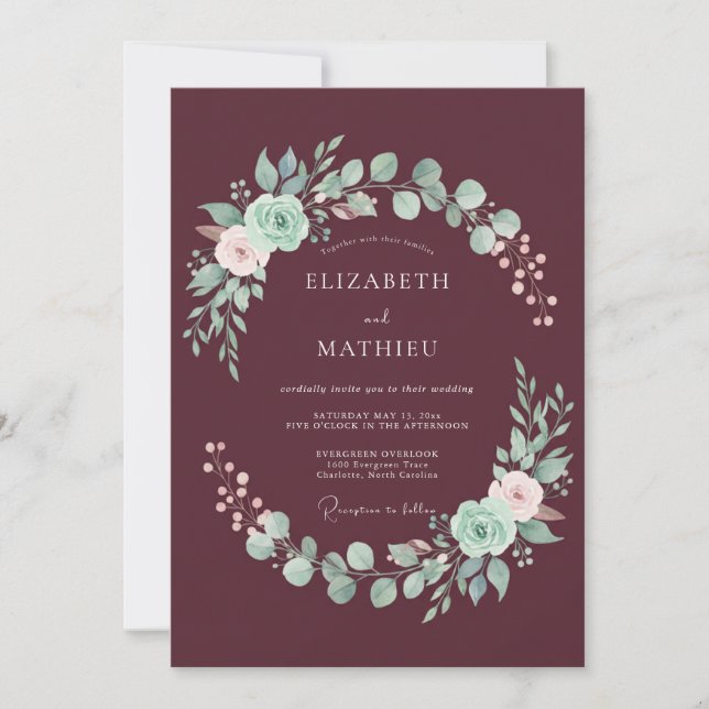 Burgundy Ethereal Wreath Wedding Invitation (Front)