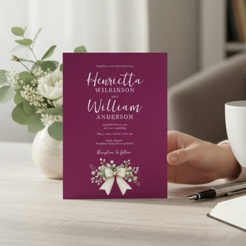 Burgundy Eucalyptus Bow all in one Wedding Invitation
