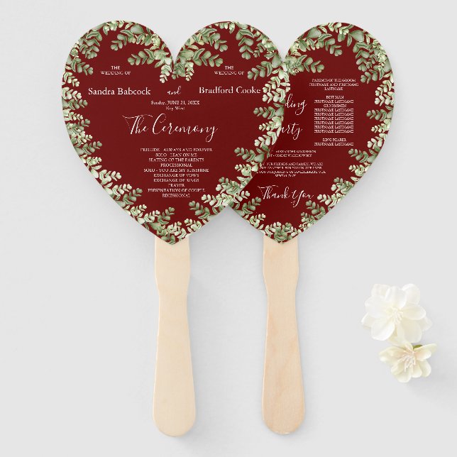 Burgundy Eucalyptus  Fall Autumn heart Shaped Hand Fan (Front and Back)