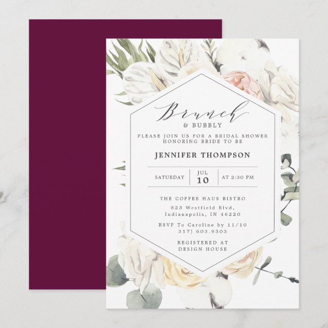 Burgundy Eucalyptus Floral Geometric Bridal Shower Invitation (Front/Back)