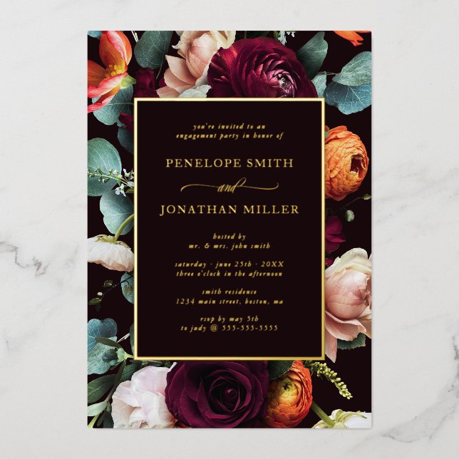 Burgundy Eucalyptus Floral Gold Engagement Party Foil Invitation (Front)