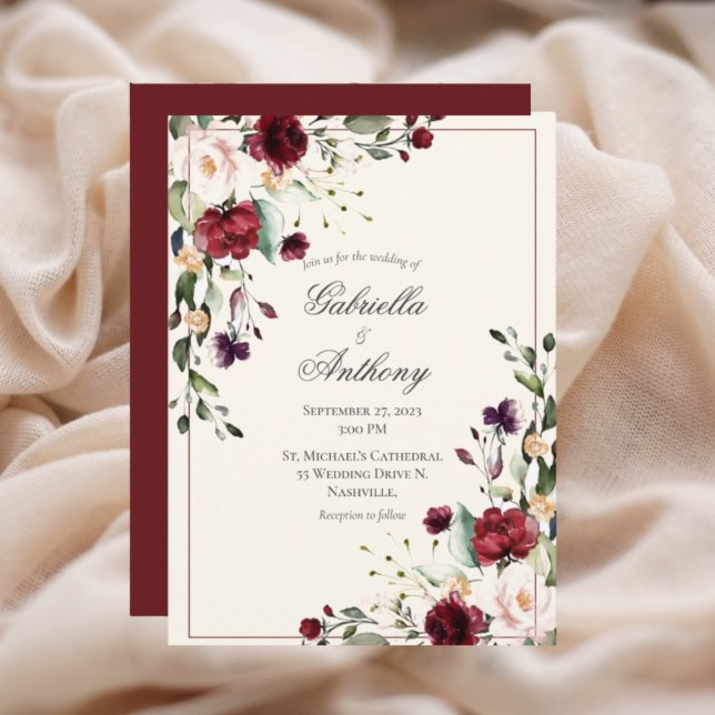 Burgundy Eucalyptus Floral Scalloped Wedding Invitation (Creator Uploaded)