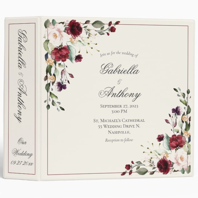 Burgundy Eucalyptus Floral Wedding Invitation 3 Ri 3 Ring Binder (Front/Spine)