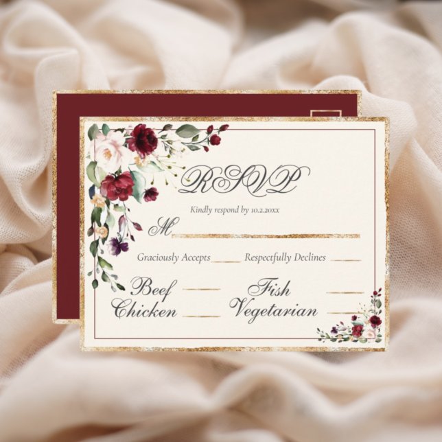 Burgundy Eucalyptus Floral Wedding RSVP Postcard (Creator Uploaded)