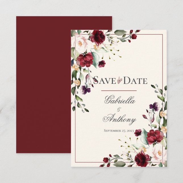 Burgundy Eucalyptus Floral Wedding Save the Date (Front/Back)